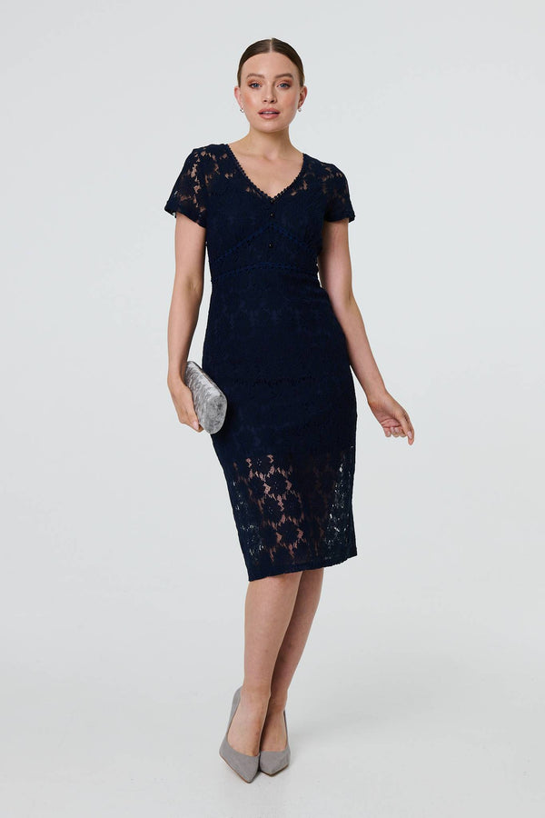 Navy | Floral Lace Layer Slim Knee Length Dress
