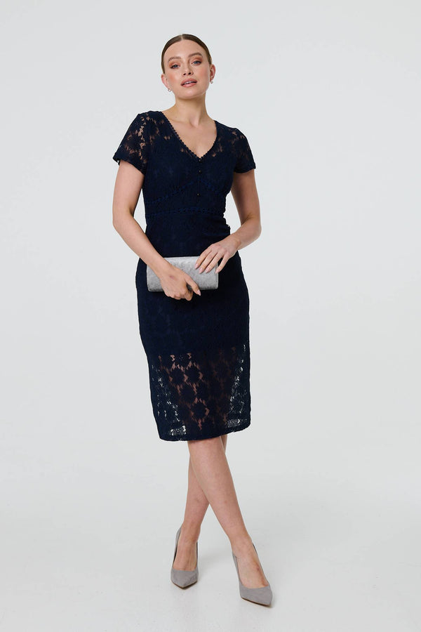 Navy | Floral Lace Layer Slim Knee Length Dress
