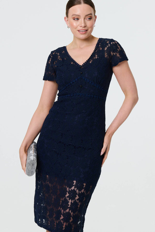 Navy | Floral Lace Layer Slim Knee Length Dress
