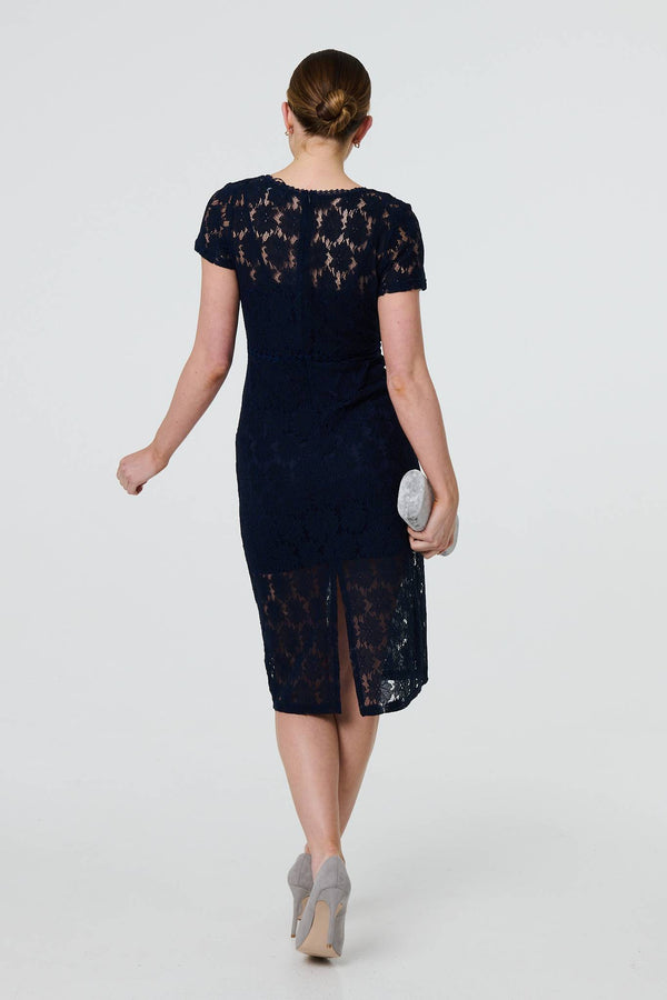 Navy | Floral Lace Layer Slim Knee Length Dress

