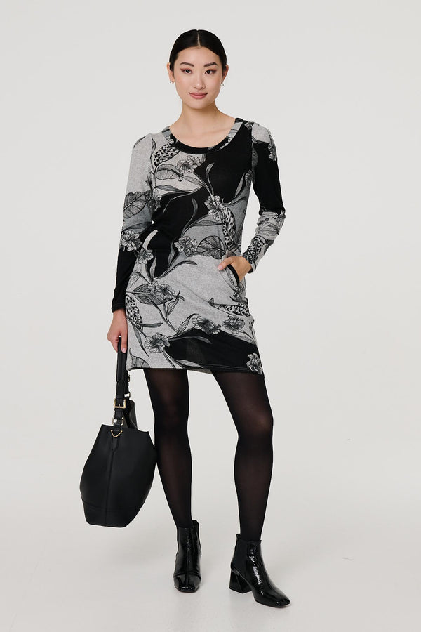 Grey | Floral Long Sleeve Jersey Shift Dress
