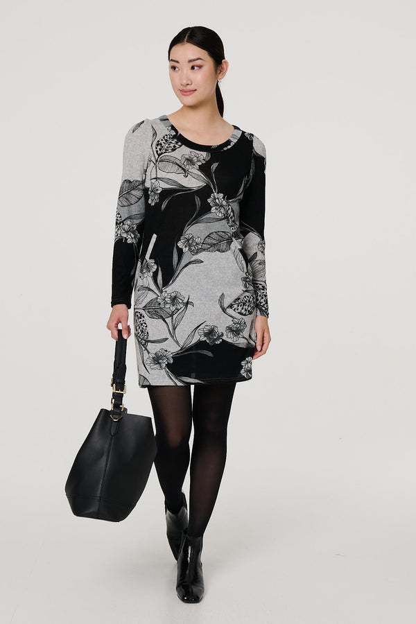 Grey | Floral Long Sleeve Jersey Shift Dress
