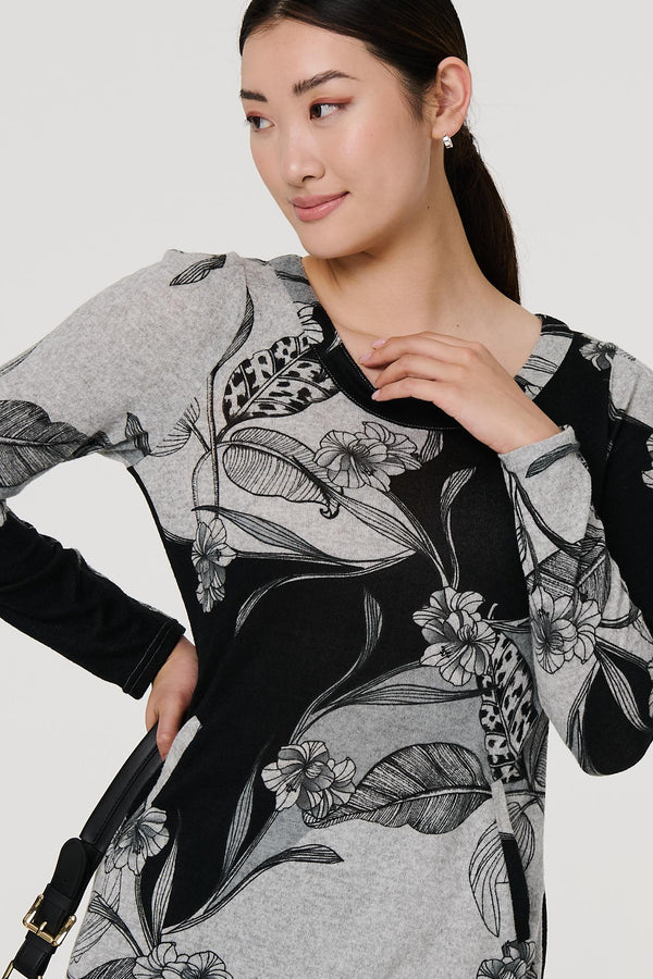 Grey | Floral Long Sleeve Jersey Shift Dress
