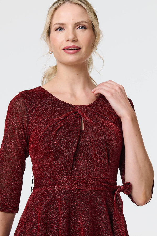 Red | Glitter Mesh Twist Front Midi Dress
