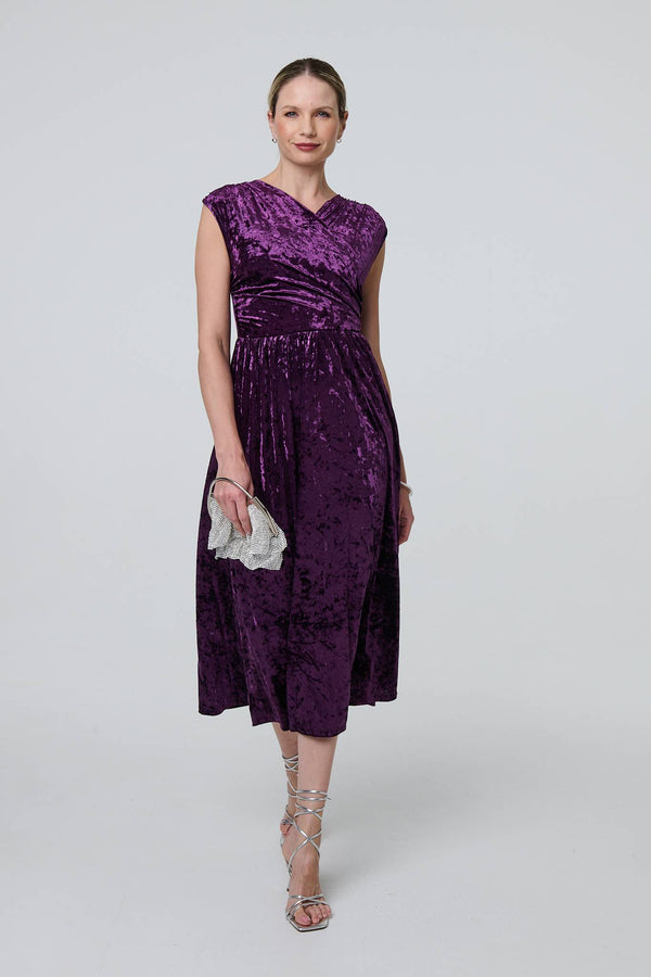 Purple | Crushed Velvet Fit & Flare Midi Dress
