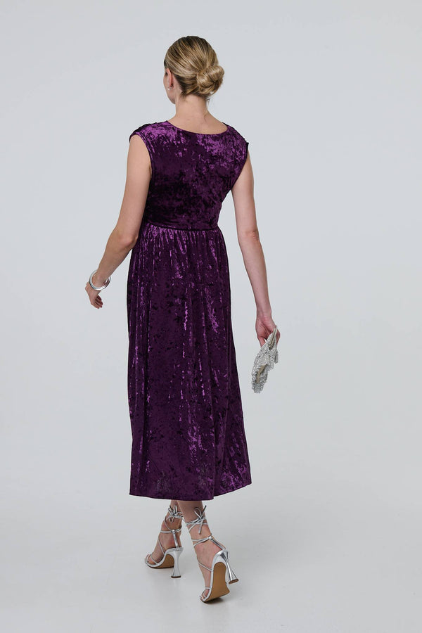 Purple | Crushed Velvet Fit & Flare Midi Dress

