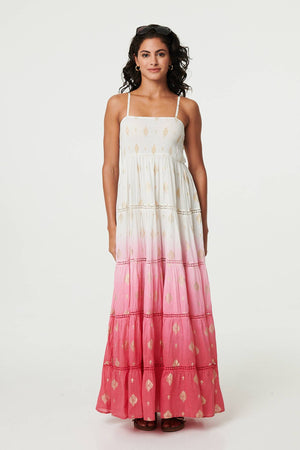 Pink | Ombre Print Tiered Sleeveless Maxi Dress
