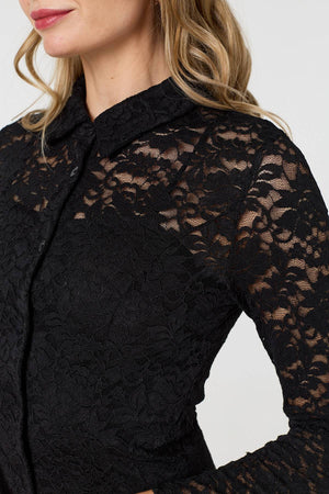 Black | Lace Layer Long Sleeve Mini Shirt Dress
