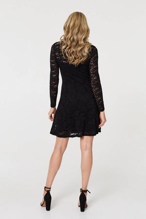 Black | Lace Layer Long Sleeve Mini Shirt Dress
