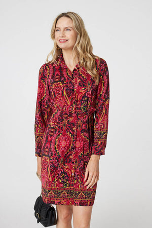 Pink | Mosaic Print Long Sleeve Short Shirt Dress : Model is 5'10