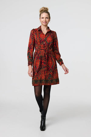 Orange | Mosaic Print Long Sleeve Short Shirt Dress : Model is 5'10