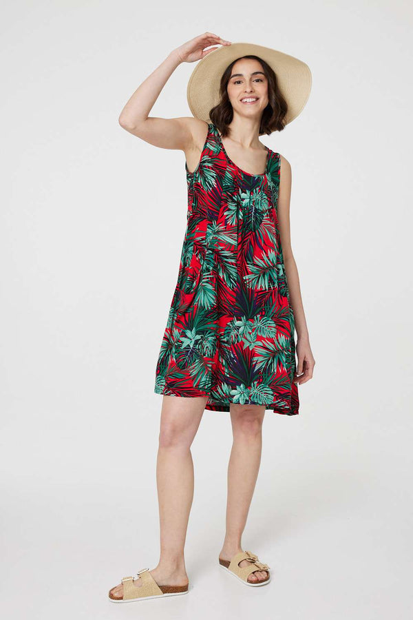 Red | Leaf Print Sleeveless Tunic Dress