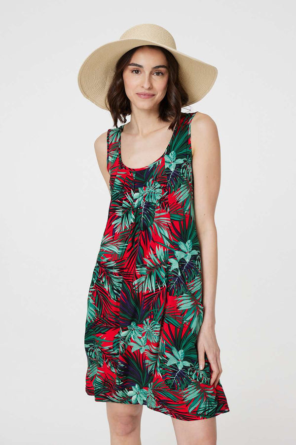 Red | Leaf Print Sleeveless Tunic Dress