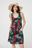Red | Leaf Print Sleeveless Tunic Dress : Model is 5'9