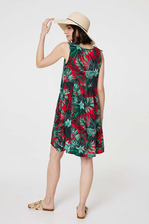 Red | Leaf Print Sleeveless Tunic Dress