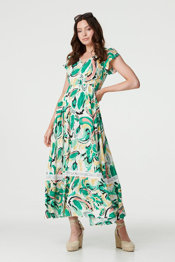 Green | Printed Lace Trim Maxi Dress