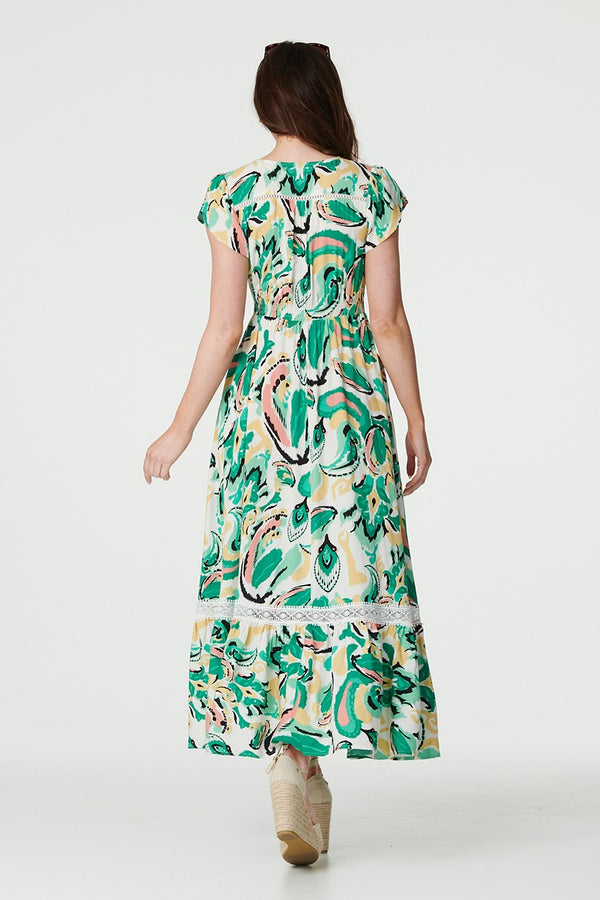 Green | Printed Lace Trim Maxi Dress