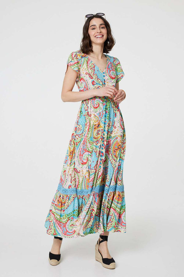 Blue | Paisley V-Neck Button Detail Maxi Dress