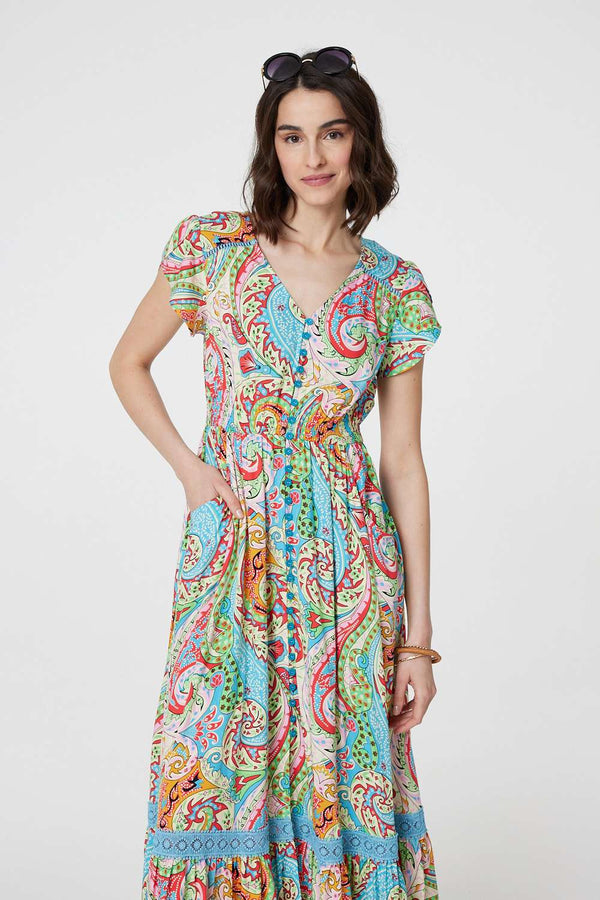 Blue | Paisley V-Neck Button Detail Maxi Dress