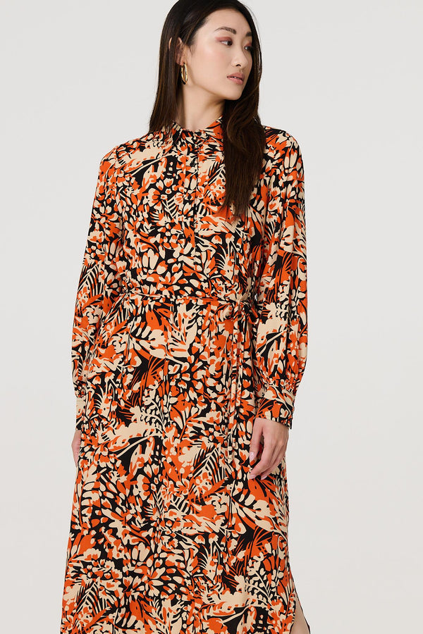Orange | Floral Long Sleeve Midi Shirt Dress
