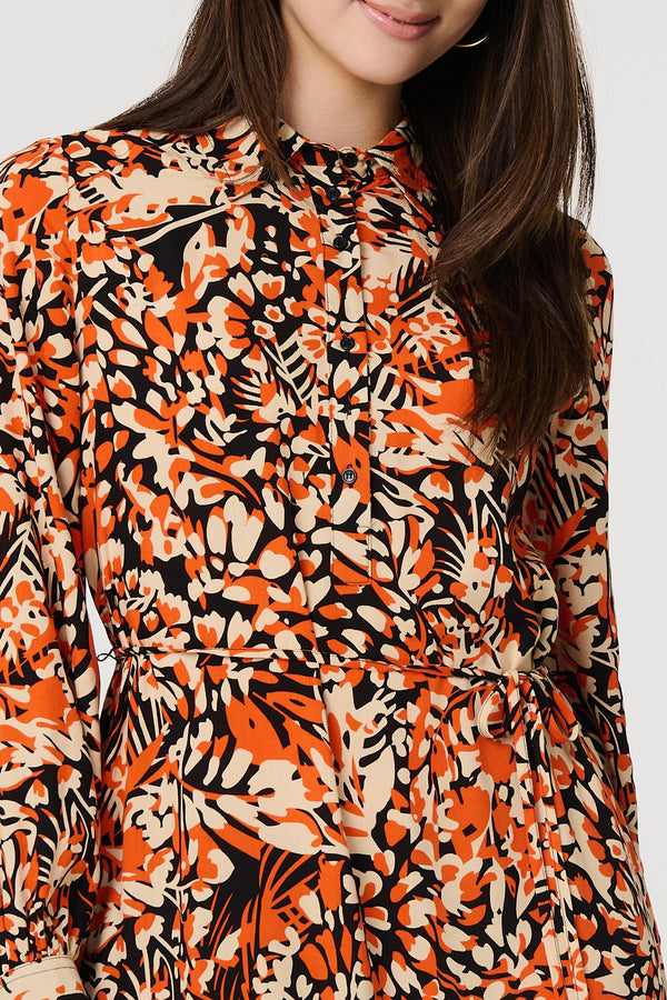 Orange | Floral Long Sleeve Midi Shirt Dress
