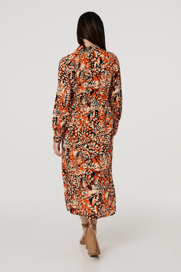 Orange | Floral Long Sleeve Midi Shirt Dress
