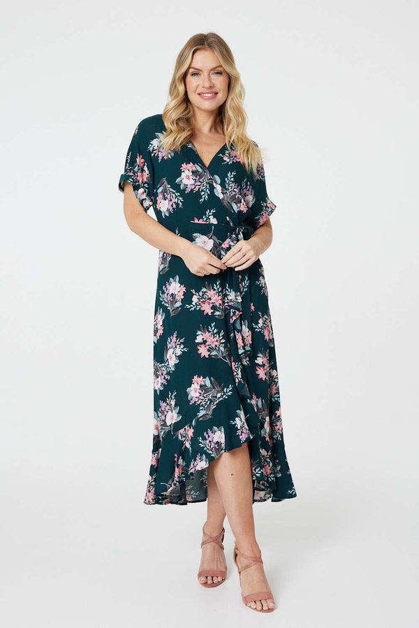 Dark Green | Floral Frill Hem Midi Wrap Dress