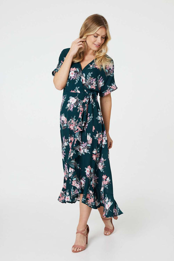 Dark Green | Floral Frill Hem Midi Wrap Dress