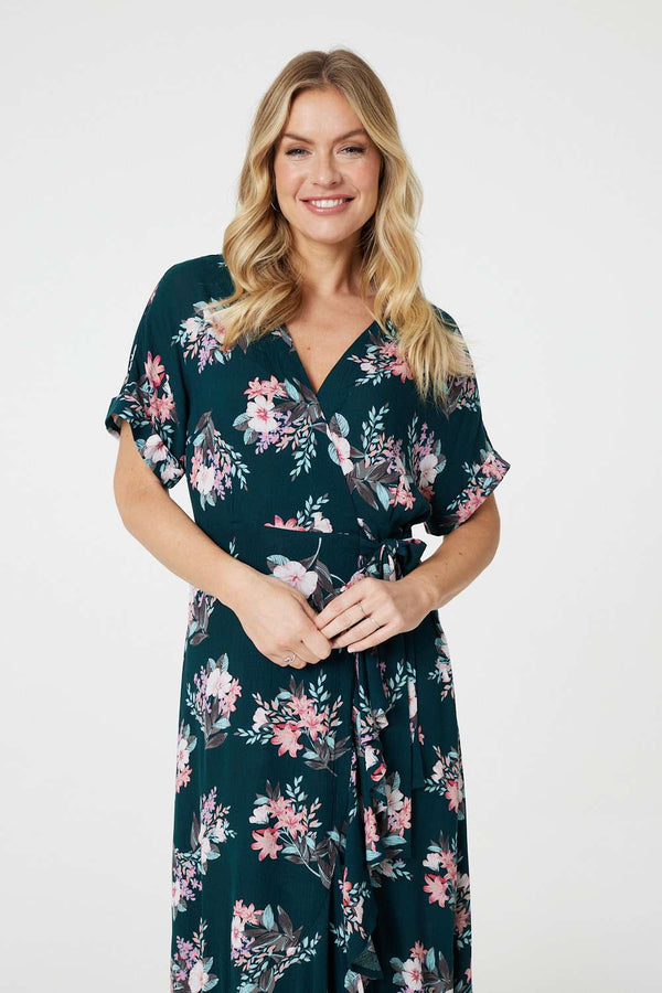 Dark Green | Floral Frill Hem Midi Wrap Dress