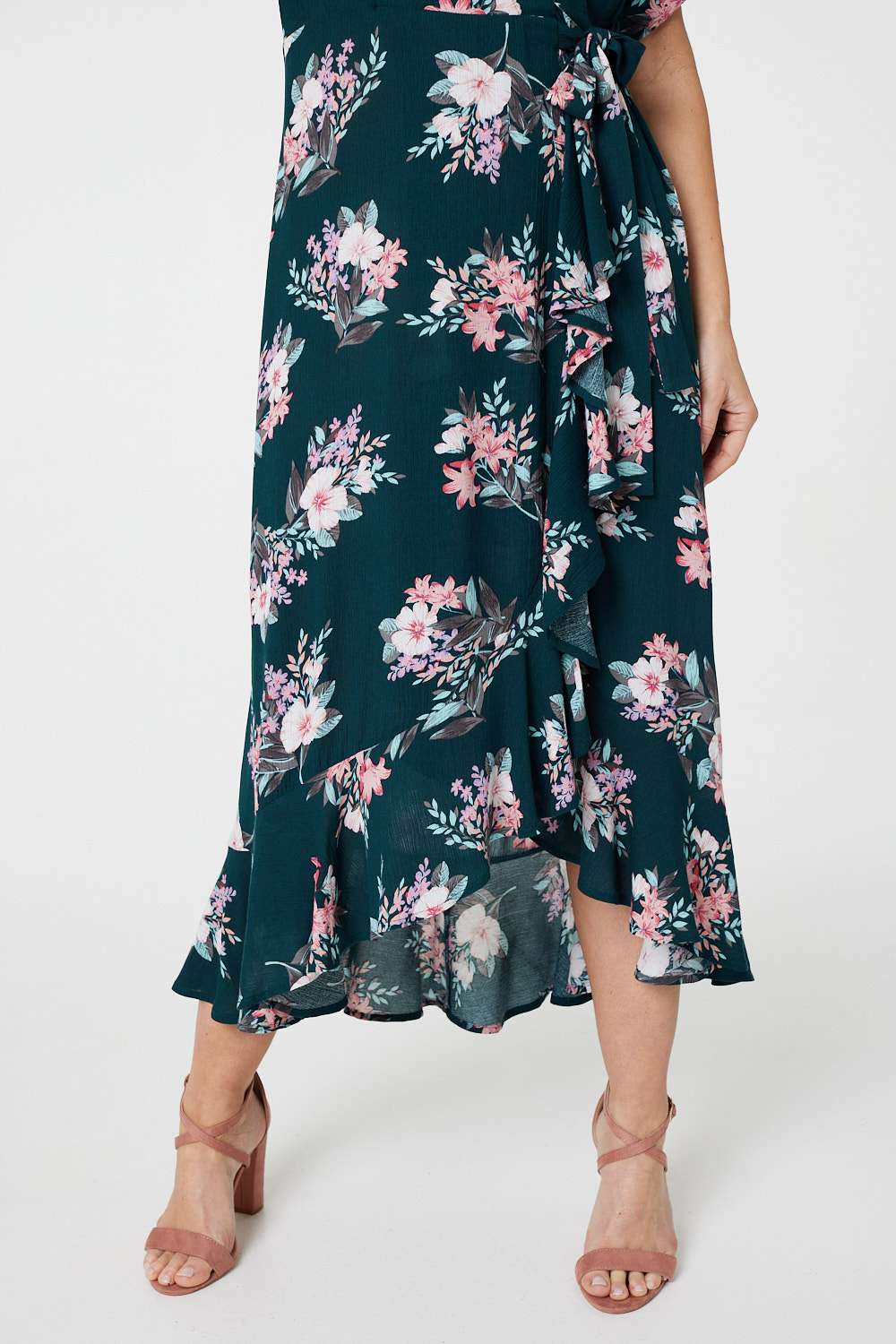Dark Green | Floral Frill Hem Midi Wrap Dress