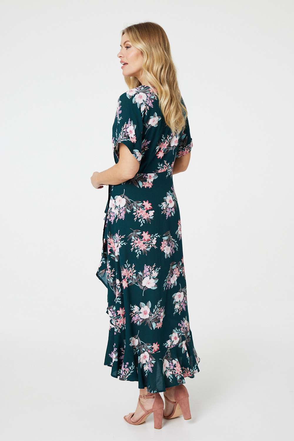 Dark Green | Floral Frill Hem Midi Wrap Dress