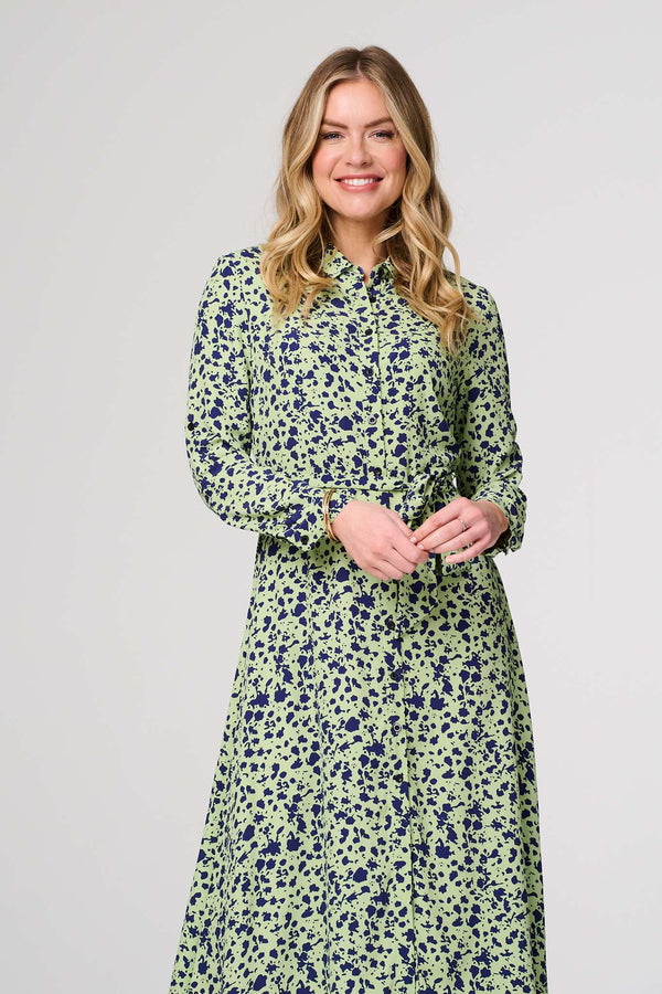 Green | Printed Long Sleeve Midi Shirt Dress
