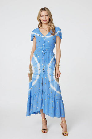 Blue | Tie Dye Print Shirred Tie Waist Midi Dress
