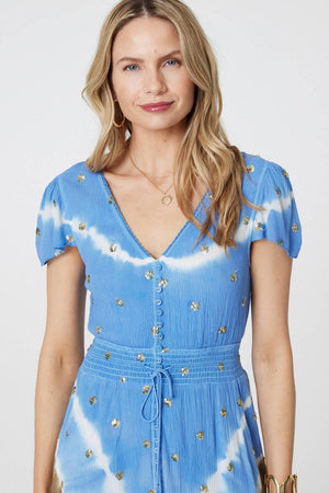Blue | Tie Dye Print Shirred Tie Waist Midi Dress
