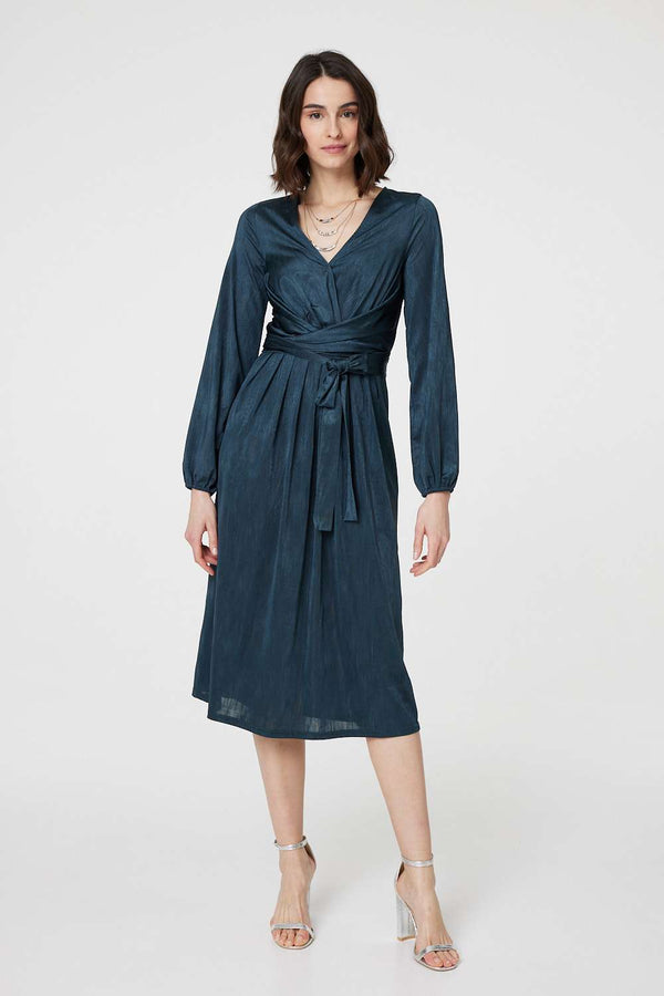 Green | Ruched Long Sleeve Midi Wrap Dress
