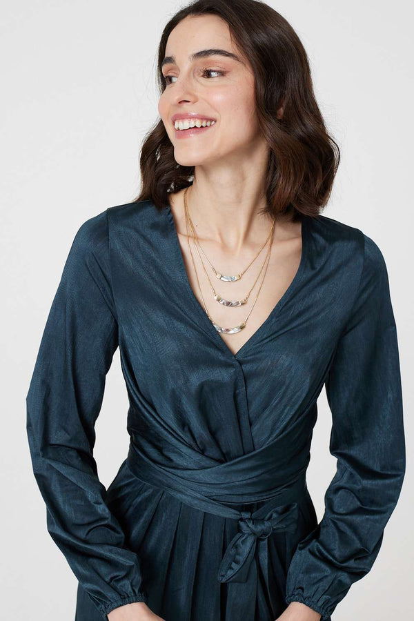 Green | Ruched Long Sleeve Midi Wrap Dress
