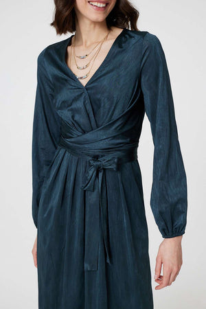 Green | Ruched Long Sleeve Midi Wrap Dress
