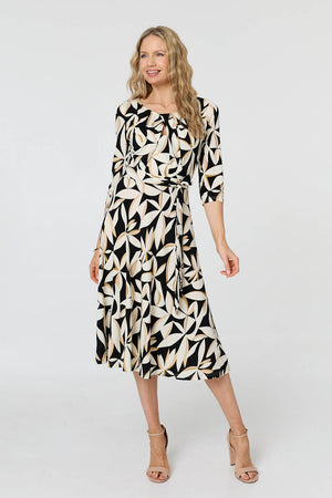Black | Leaf Print 3/4 Sleeve Midi Tie Dress
