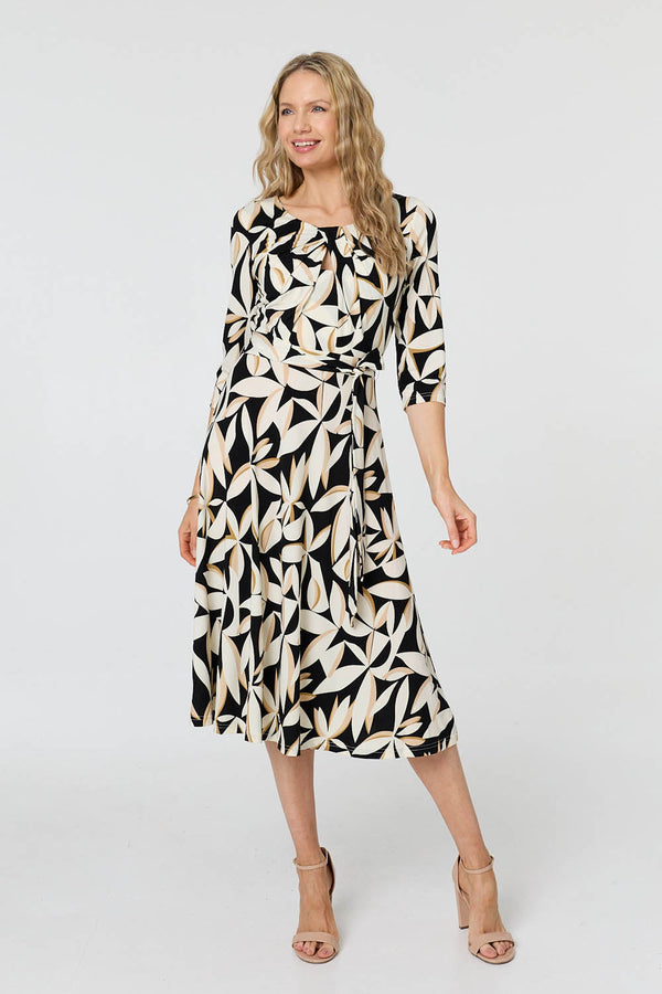 Black | Leaf Print 3/4 Sleeve Midi Tie Dress
