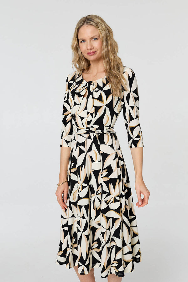 Black | Leaf Print 3/4 Sleeve Midi Tie Dress