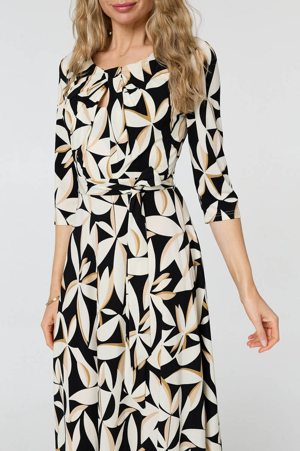 Black | Leaf Print 3/4 Sleeve Midi Tie Dress