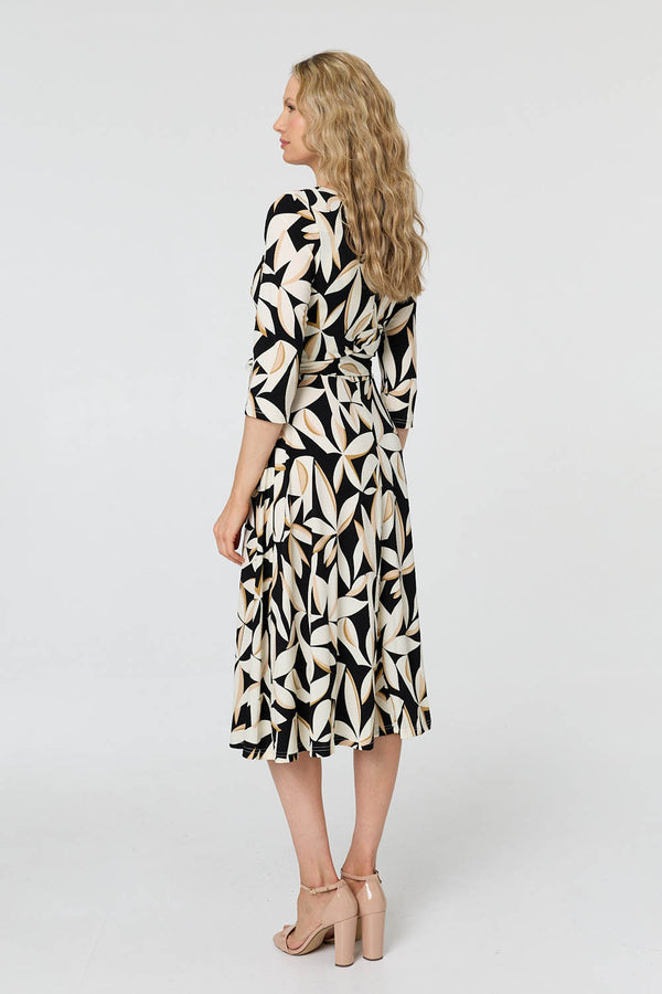 Black | Leaf Print 3/4 Sleeve Midi Tie Dress