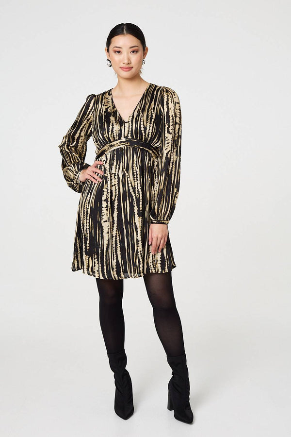 Black | Abstract Long Sleeve Empire Mini Dress
