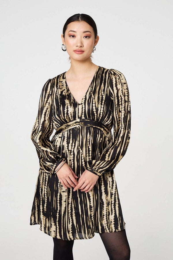 Black | Abstract Long Sleeve Empire Mini Dress