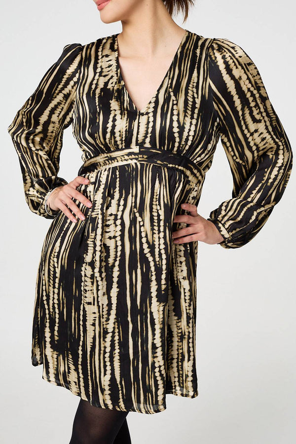 Black | Abstract Long Sleeve Empire Mini Dress