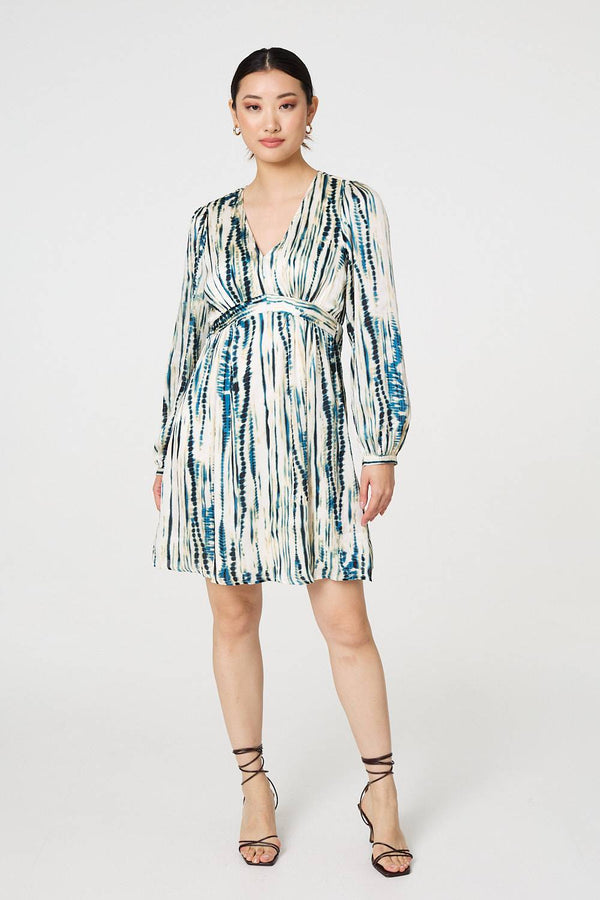 Teal | Abstract Long Sleeve Empire Mini Dress
