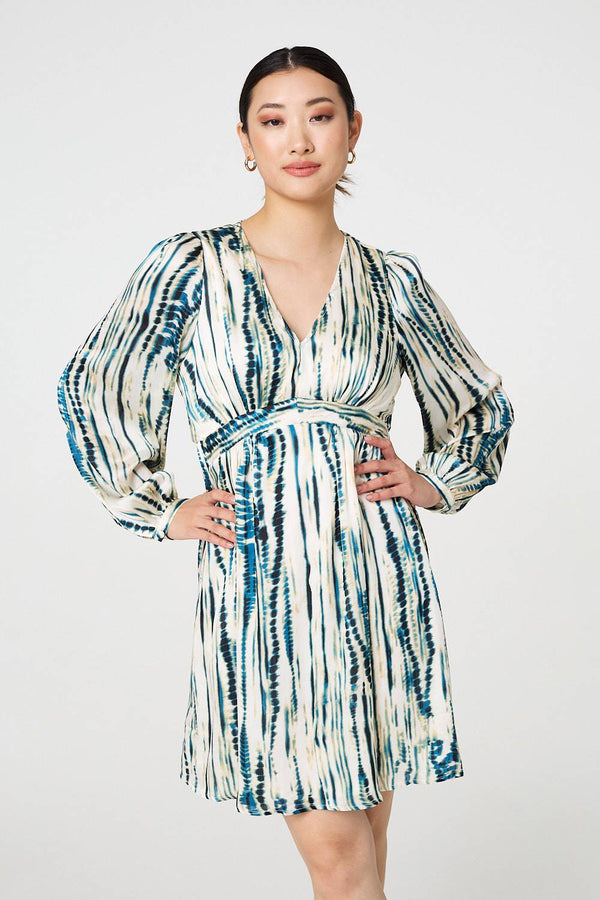 Teal | Abstract Long Sleeve Empire Mini Dress
