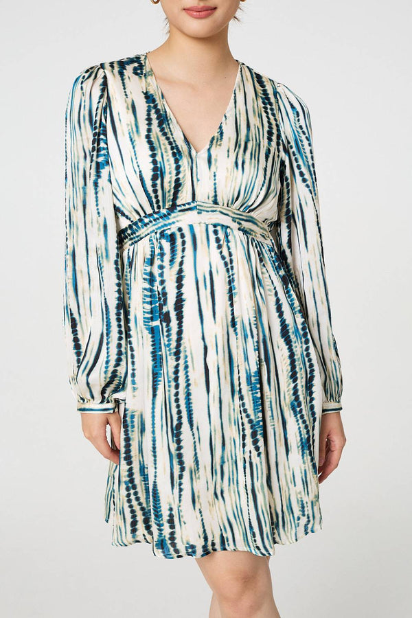 Teal | Abstract Long Sleeve Empire Mini Dress
