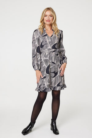 Beige | Abstract Ruffled Tie Waist Knee Length Dress
