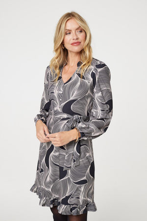 Beige | Abstract Ruffled Tie Waist Knee Length Dress
